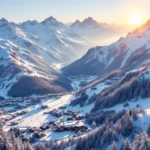 Snow-covered French Alpine peaks at sunrise with ski resort villages in valleys below and pristine powder on mountain slopes.