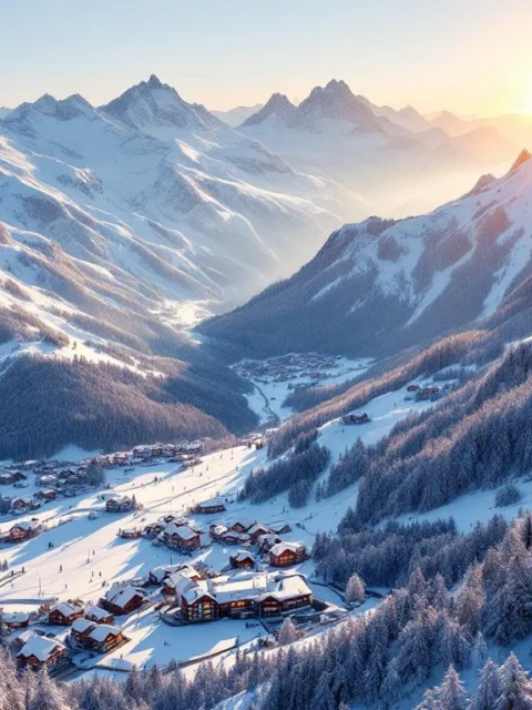 Snow-covered French Alpine peaks at sunrise with ski resort villages in valleys below and pristine powder on mountain slopes.