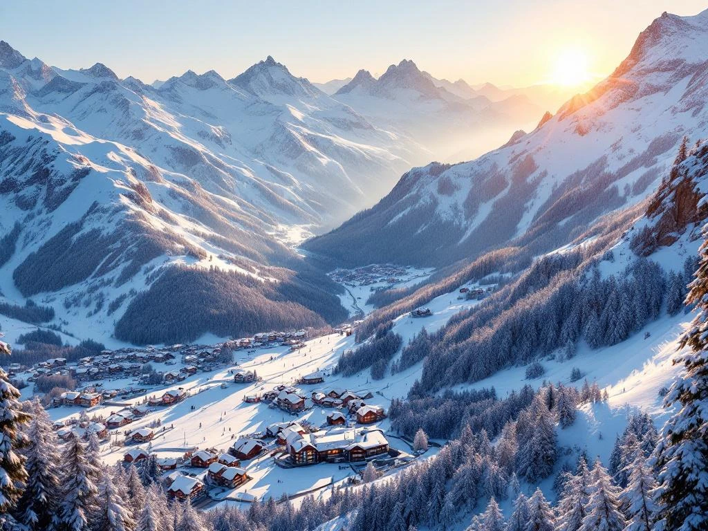Snow-covered French Alpine peaks at sunrise with ski resort villages in valleys below and pristine powder on mountain slopes.