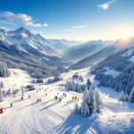 Luchtfoto van skigebied Fügen met besneeuwde hellingen, skiërs, moderne liften en Zillertal Alpen op de achtergrond