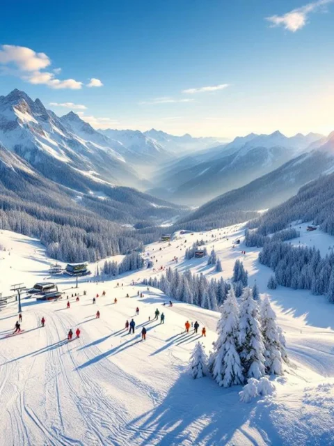Luchtfoto van skigebied Fügen met besneeuwde hellingen, skiërs, moderne liften en Zillertal Alpen op de achtergrond