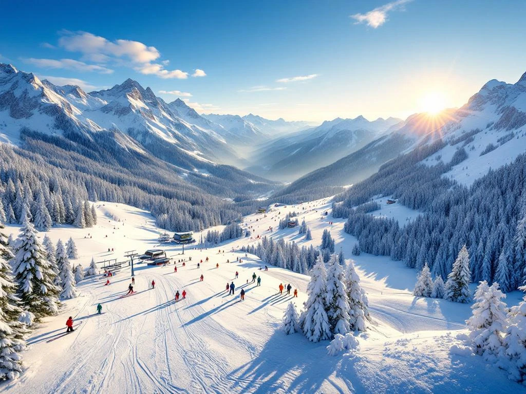 Luchtfoto van skigebied Fügen met besneeuwde hellingen, skiërs, moderne liften en Zillertal Alpen op de achtergrond