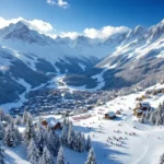Luchtfoto van Fulpmes skigebied in de Oostenrijkse Alpen met besneeuwde pistes, skiërs en Stubai Valley bergen
