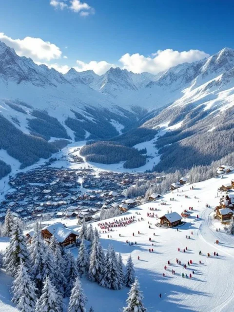 Luchtfoto van Fulpmes skigebied in de Oostenrijkse Alpen met besneeuwde pistes, skiërs en Stubai Valley bergen