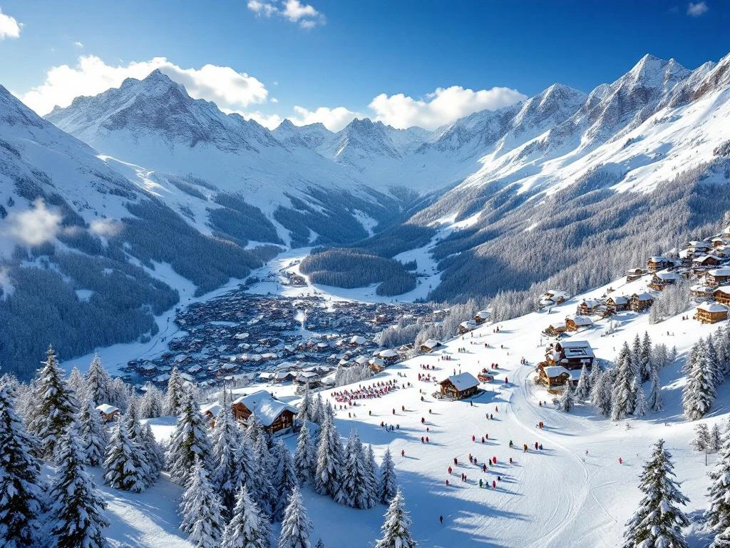 Luchtfoto van Fulpmes skigebied in de Oostenrijkse Alpen met besneeuwde pistes, skiërs en Stubai Valley bergen