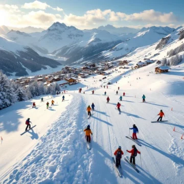 Skileraren leiden groepen studenten op de besneeuwde hellingen van Galtür met het Oostenrijkse alpendorp op de achtergrond