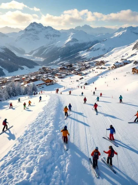 Skileraren leiden groepen studenten op de besneeuwde hellingen van Galtür met het Oostenrijkse alpendorp op de achtergrond