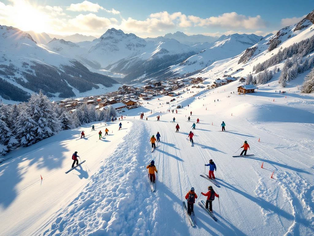 Skileraren leiden groepen studenten op de besneeuwde hellingen van Galtür met het Oostenrijkse alpendorp op de achtergrond