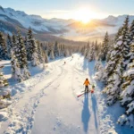 Luchtfoto van besneeuwde skipistes in Gaschurn met ski-uitrusting in voorgrond en Oostenrijkse Alpen bij zonsopgang