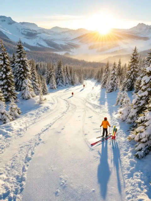 Luchtfoto van besneeuwde skipistes in Gaschurn met ski-uitrusting in voorgrond en Oostenrijkse Alpen bij zonsopgang