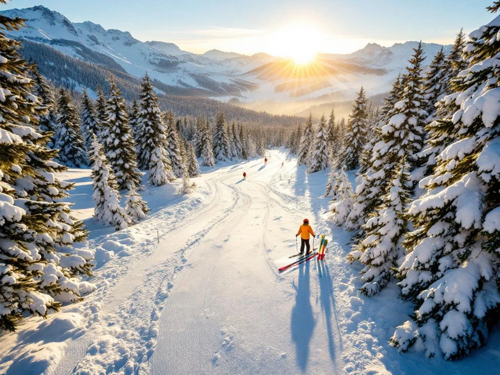 Luchtfoto van besneeuwde skipistes in Gaschurn met ski-uitrusting in voorgrond en Oostenrijkse Alpen bij zonsopgang