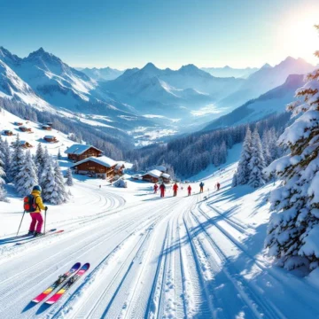 Luchtfoto van Gerlos skigebied met besneeuwde Alpentoppen, skipistes, kleurrijke ski-uitrusting en houten chalets