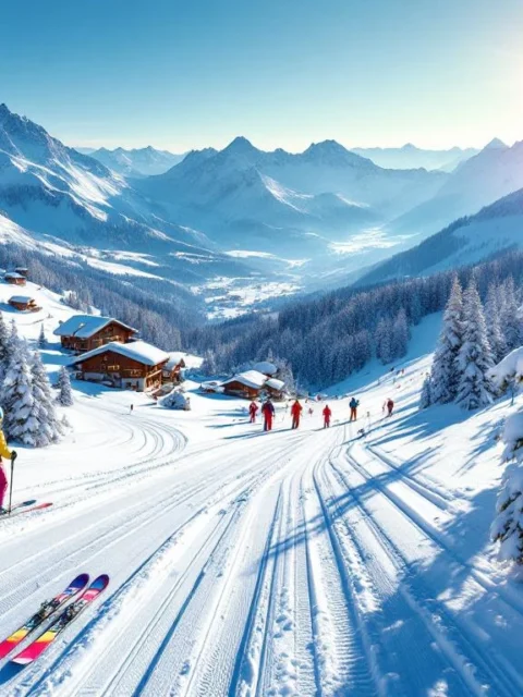 Luchtfoto van Gerlos skigebied met besneeuwde Alpentoppen, skipistes, kleurrijke ski-uitrusting en houten chalets
