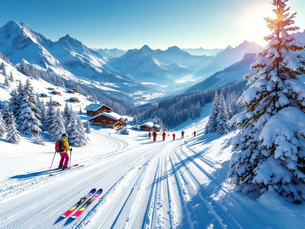 Luchtfoto van Gerlos skigebied met besneeuwde Alpentoppen, skipistes, kleurrijke ski-uitrusting en houten chalets