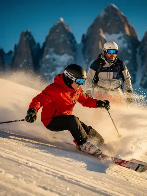 Gevorderde skiër maakt een snelle, precieze bocht op een steile gepiste Alpenhelling, met ijskristallen die opspuiten.