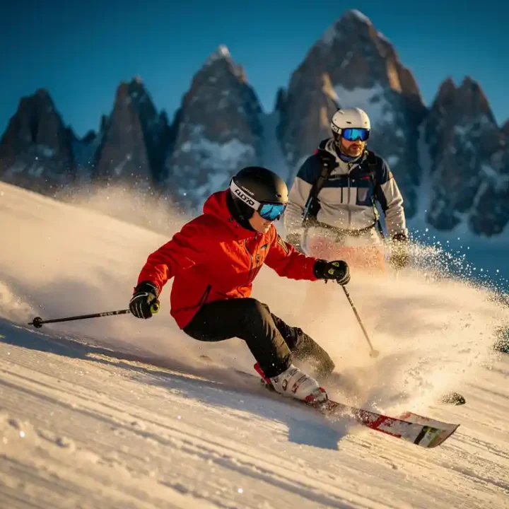 Gevorderde skiër maakt een snelle, precieze bocht op een steile gepiste Alpenhelling, met ijskristallen die opspuiten.