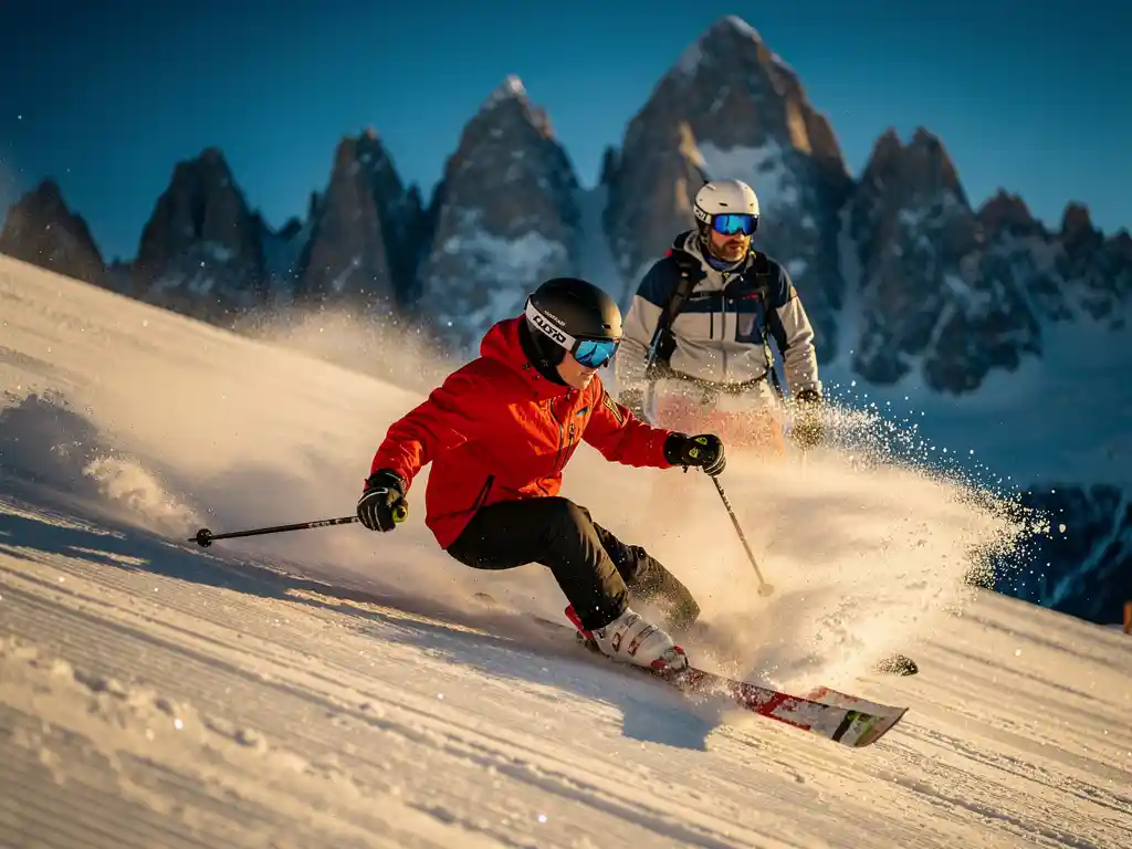Gevorderde skiër maakt een snelle, precieze bocht op een steile gepiste Alpenhelling, met ijskristallen die opspuiten.