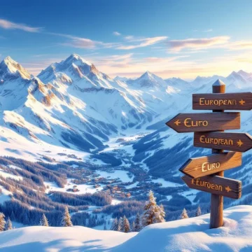 Luchtfoto van besneeuwde Alpen met skidorp, houten wegwijzer naar Europese bestemmingen bij zonsondergang