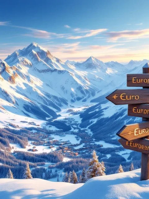 Luchtfoto van besneeuwde Alpen met skidorp, houten wegwijzer naar Europese bestemmingen bij zonsondergang