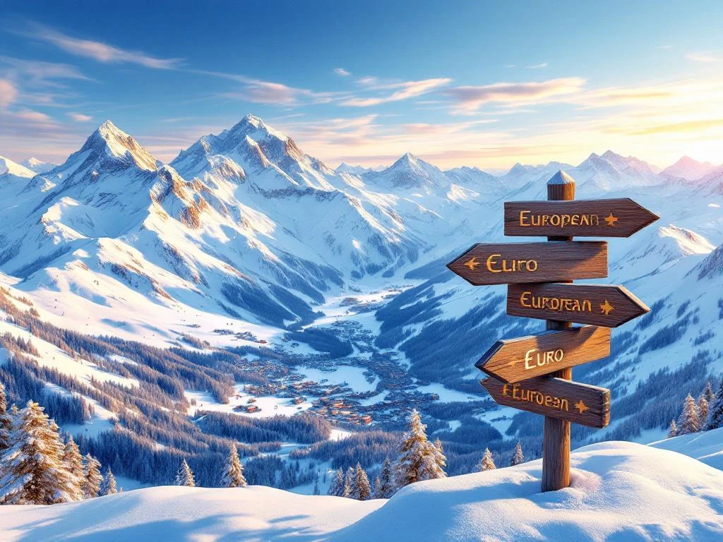 Luchtfoto van besneeuwde Alpen met skidorp, houten wegwijzer naar Europese bestemmingen bij zonsondergang
