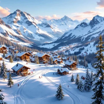 Betaalbaar Zwitsers skiresort met chalets en skiliften in besneeuwde Alpen bij zonsopgang, sneeuw prijslabel op voorgrond