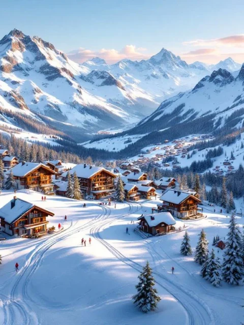 Betaalbaar Zwitsers skiresort met chalets en skiliften in besneeuwde Alpen bij zonsopgang, sneeuw prijslabel op voorgrond