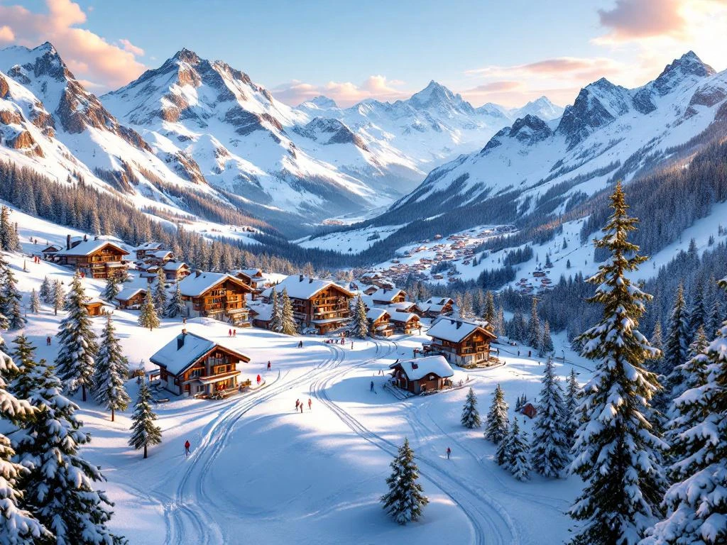Betaalbaar Zwitsers skiresort met chalets en skiliften in besneeuwde Alpen bij zonsopgang, sneeuw prijslabel op voorgrond