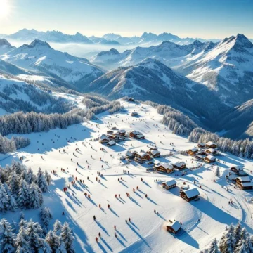 Luchtfoto van Hinterglemm skipistes in gouden ochtendlicht met skiërs op verschillende moeilijkheidsgraden en Oostenrijkse chalets