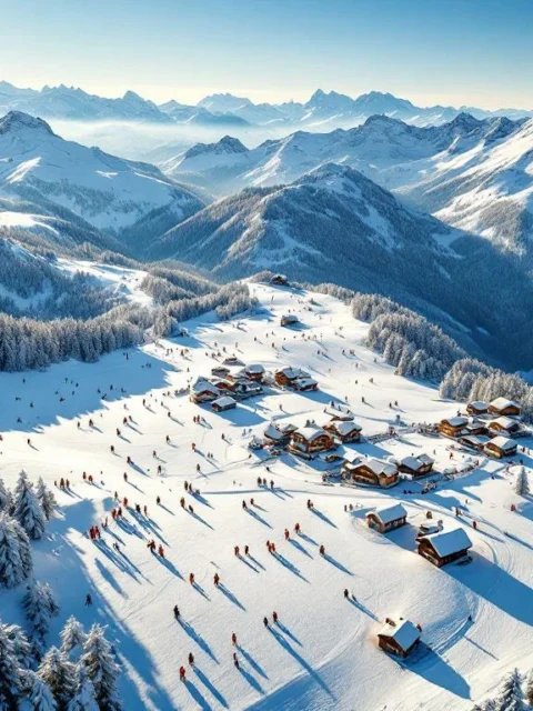 Luchtfoto van Hinterglemm skipistes in gouden ochtendlicht met skiërs op verschillende moeilijkheidsgraden en Oostenrijkse chalets