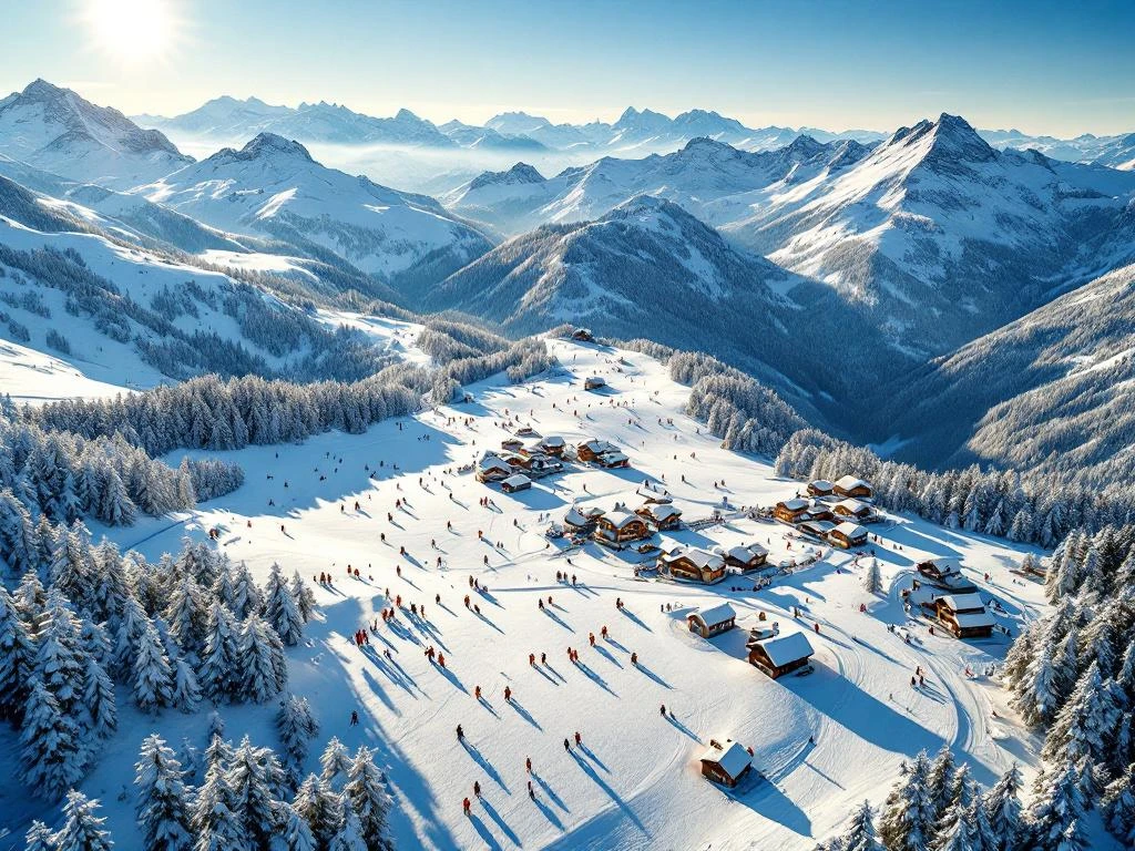 Luchtfoto van Hinterglemm skipistes in gouden ochtendlicht met skiërs op verschillende moeilijkheidsgraden en Oostenrijkse chalets