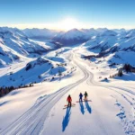 Luchtfoto van Hintertux Gletsjer met besneeuwde pieken, skiliften en ski-uitrusting op verse poedersneeuw