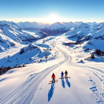 Luchtfoto van Hintertux Gletsjer met besneeuwde pieken, skiliften en ski-uitrusting op verse poedersneeuw