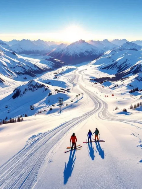 Luchtfoto van Hintertux Gletsjer met besneeuwde pieken, skiliften en ski-uitrusting op verse poedersneeuw
