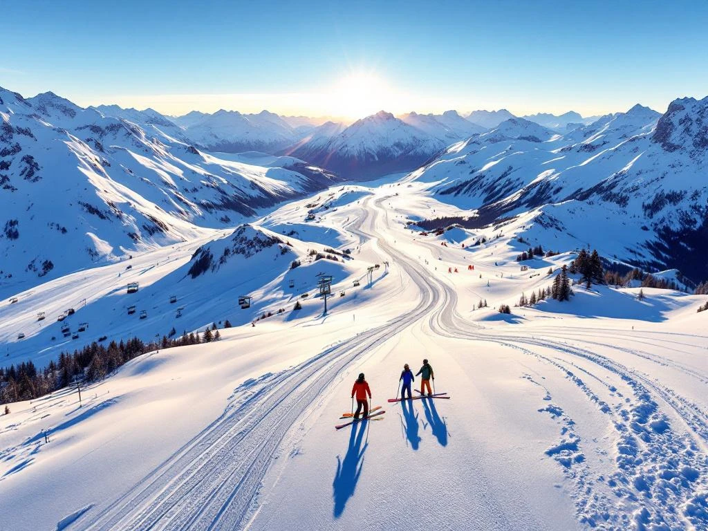 Luchtfoto van Hintertux Gletsjer met besneeuwde pieken, skiliften en ski-uitrusting op verse poedersneeuw
