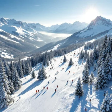 Luchtfoto van Hippach skipistes in gouden ochtendlicht met skiërs, besneeuwde dennenbossen en Oostenrijkse Alpen