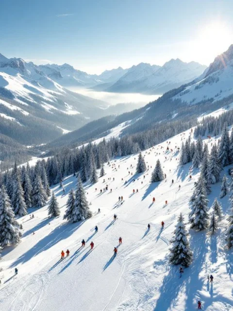 Luchtfoto van Hippach skipistes in gouden ochtendlicht met skiërs, besneeuwde dennenbossen en Oostenrijkse Alpen