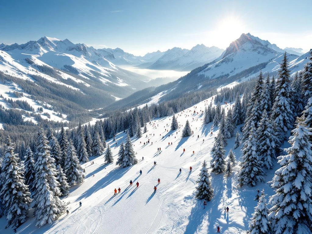 Luchtfoto van Hippach skipistes in gouden ochtendlicht met skiërs, besneeuwde dennenbossen en Oostenrijkse Alpen