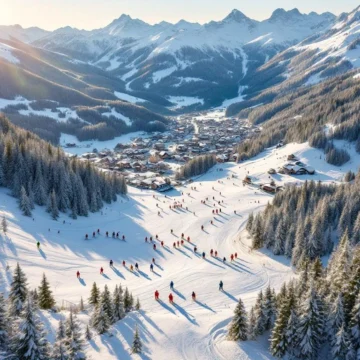 Luchtfoto van Hirschegg skipistes met skiërs in kleurrijke kleding op besneeuwde hellingen in Oostenrijkse Alpen