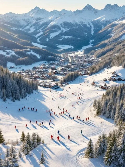 Luchtfoto van Hirschegg skipistes met skiërs in kleurrijke kleding op besneeuwde hellingen in Oostenrijkse Alpen