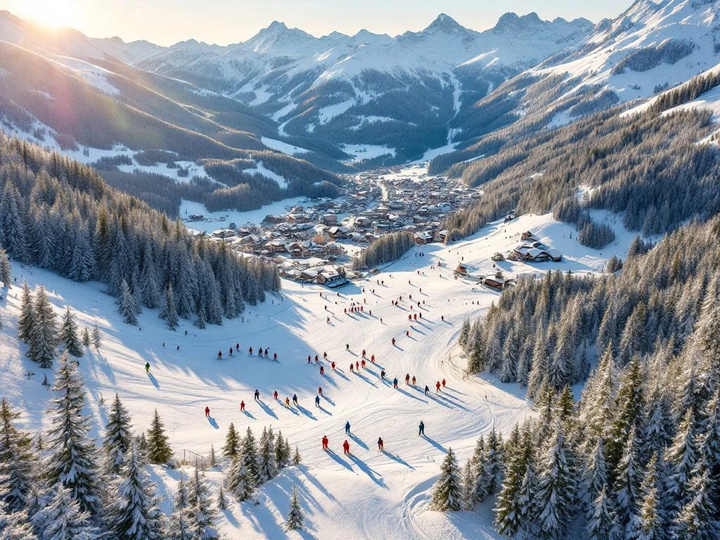 Luchtfoto van Hirschegg skipistes met skiërs in kleurrijke kleding op besneeuwde hellingen in Oostenrijkse Alpen