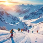 Luchtfoto van besneeuwde skipistes in Hochgurgl bij zonsopgang met ski-uitrusting in voorgrond