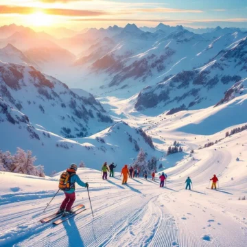 Luchtfoto van besneeuwde skipistes in Hochgurgl bij zonsopgang met ski-uitrusting in voorgrond