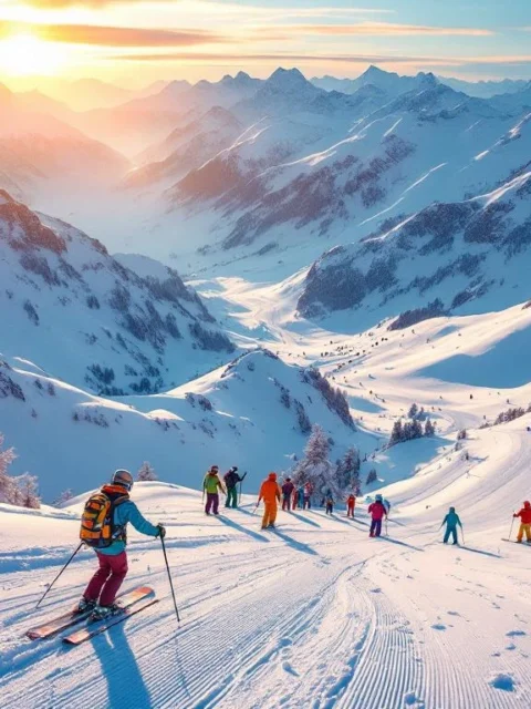 Luchtfoto van besneeuwde skipistes in Hochgurgl bij zonsopgang met ski-uitrusting in voorgrond