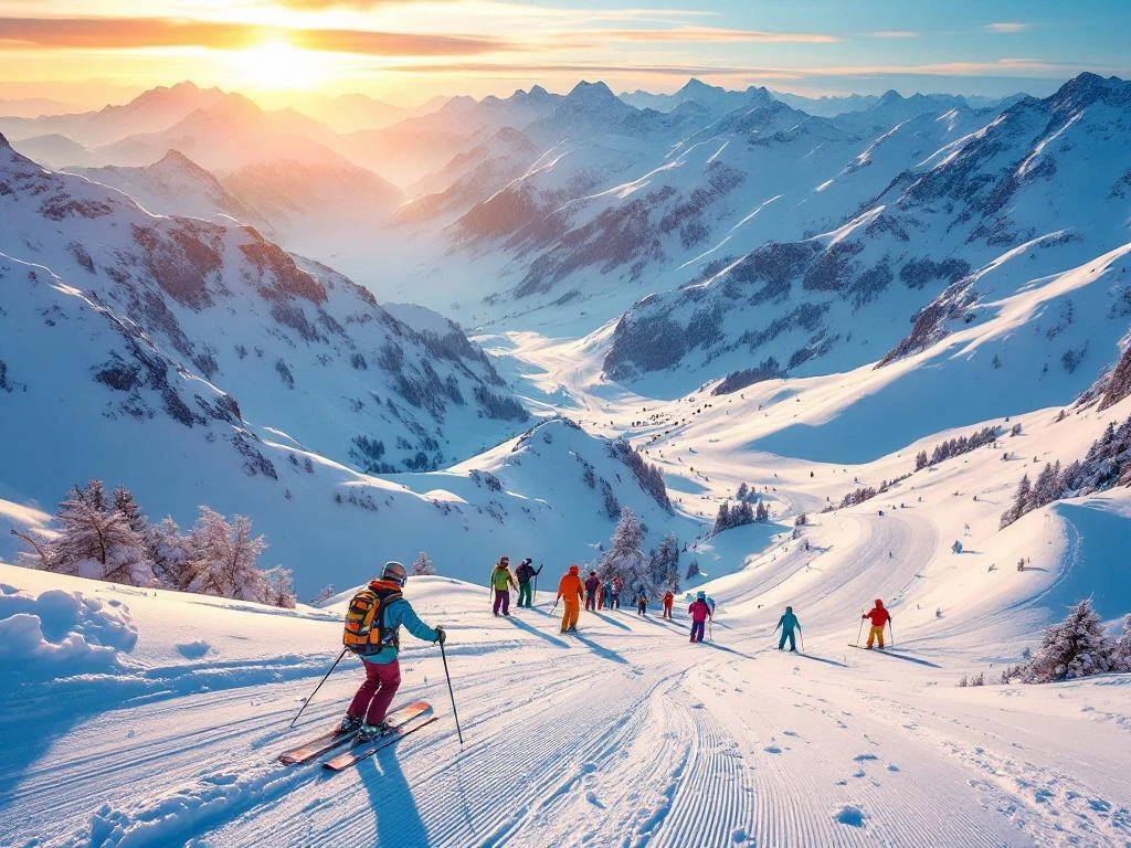 Luchtfoto van besneeuwde skipistes in Hochgurgl bij zonsopgang met ski-uitrusting in voorgrond