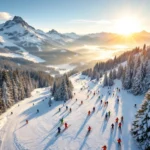 Luchtfoto van Hochkrimml skipistes met skiërs en instructeurs in oranje jassen, Zillertal Alpen op achtergrond