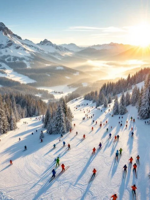 Luchtfoto van Hochkrimml skipistes met skiërs en instructeurs in oranje jassen, Zillertal Alpen op achtergrond