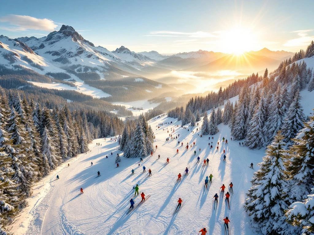 Luchtfoto van Hochkrimml skipistes met skiërs en instructeurs in oranje jassen, Zillertal Alpen op achtergrond