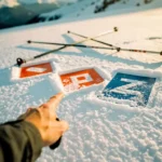 Main gantée d'instructeur de ski pointant vers des balises de piste colorées dans la poudreuse fraîche en montagne