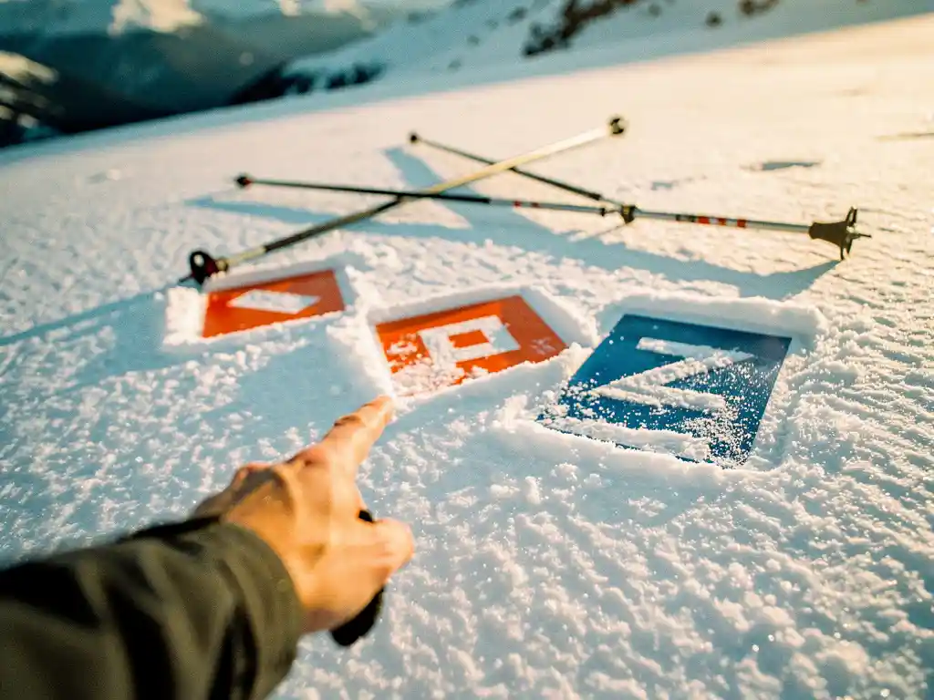 Main gantée d'instructeur de ski pointant vers des balises de piste colorées dans la poudreuse fraîche en montagne