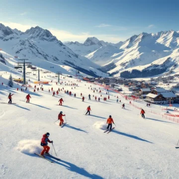 Luchtfoto van Ischgl skipistes met skilessen, instructeurs in oranje jassen begeleiden studenten op besneeuwde hellingen